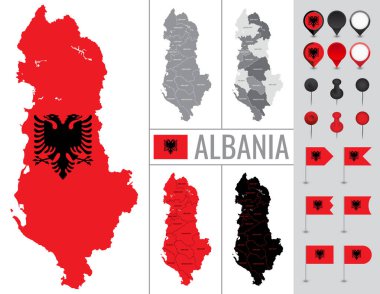 Beyaz zemin üzerinde bayrak, dünya ve simgelerle Arnavutluk vektör haritası