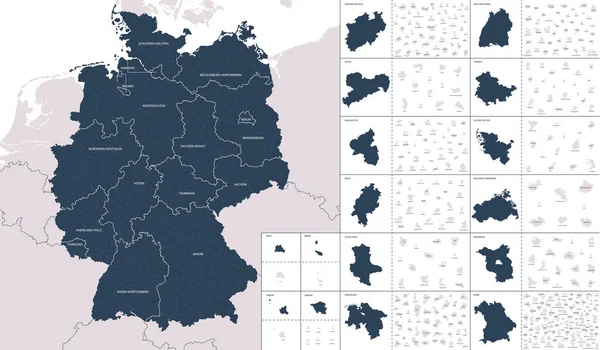 ドイツのベクトルカラーの詳細な地図と国の行政区画 各連邦国家は個別に非常に詳細に提示され 地域に分割されています — ストックベクタ