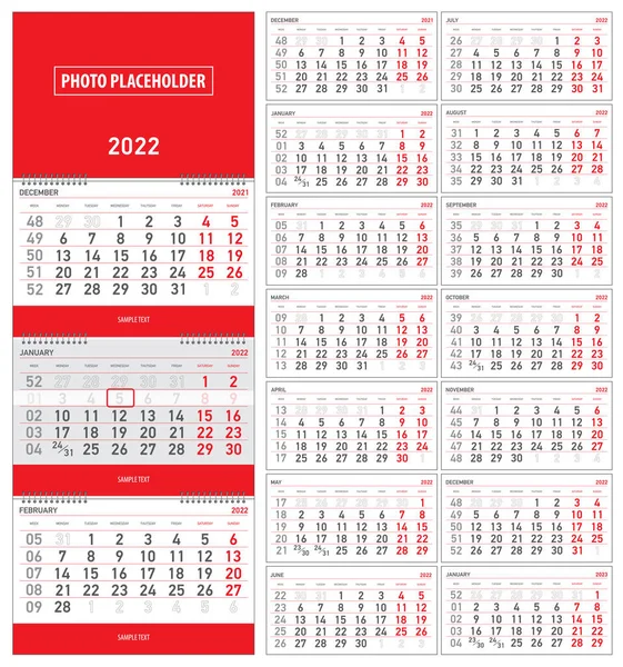 Vektör illüstrasyonu, duvar takvimi 2022. Hafta numaraları, Pazartesi 'den itibaren başla.