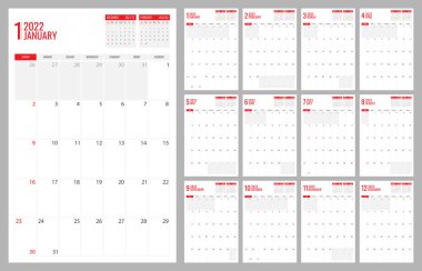 2022 için planlayıcı takvim şablonu vektör illüstrasyonuName