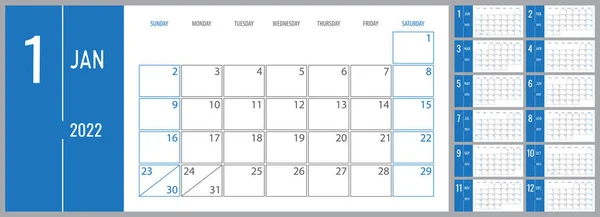 Calendar 2022 Sunday Week Start Corporate Planner Template Blue — Stock Vector