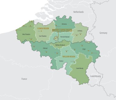 Belçika 'nın bölge ve illere idari bölümleri ile ayrıntılı haritası, ülkenin büyük şehirleri, beyaz arka planda vektör illüstrasyonları