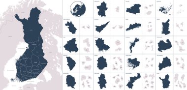 Finlandiya 'nın idari bölümlerine sahip vektör rengi ayrıntılı haritası, her bir bölge ayrı ayrı yüksek ayrıntılarla bölgelere ve alt bölgelere bölünmüştür.