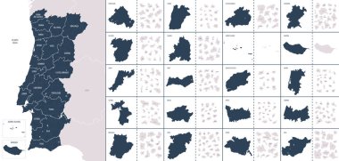 Portekiz 'in idari bölümleri ile ilgili vektör rengi ayrıntılı haritası, her bölge ayrı ayrı sunuluyor ve belediyelere bölünüyor