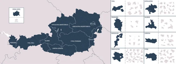 奥地利的矢量彩色详细地图 附有国家的行政区划 每一个区域国家都有非常详细的地图 并分为多个地区 — 图库矢量图片