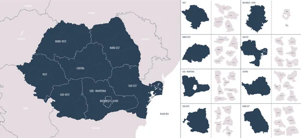 Vector Color Detailed Map Romania Administrative Divisions Country Each Regions — Stock Vector