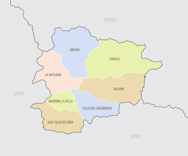 Detaljerad Karta Över Andorras Läge Europa Med Landets Administrativa Indelningar — Stock vektor