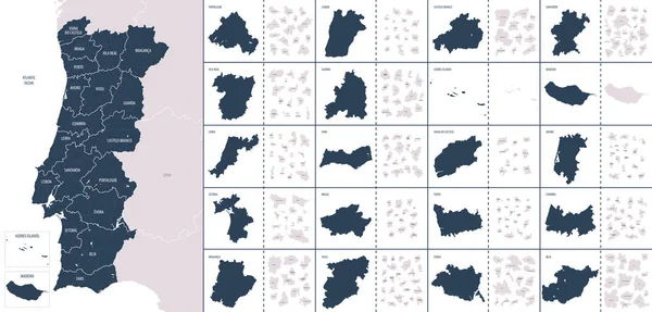 Vektorfarbene Detailkarte Von Portugal Mit Den Verwaltungseinheiten Des Landes Jede — Stockvektor