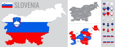 Beyaz zemin üzerinde bayrak, dünya ve simgelerle Slovenya vektör haritası