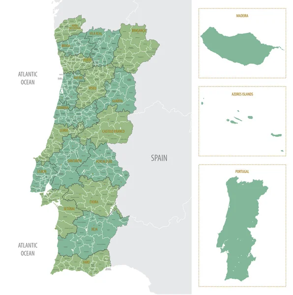 Подробная Карта Португалии Административным Делением Регионы Муниципалитеты Крупные Города Страны — стоковый вектор