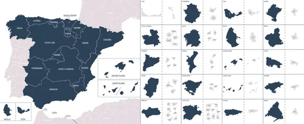 西班牙的矢量彩色详细地图 附有国家的行政区划 每一个自治区分别列出 并划分为自治市和自治省 — 图库矢量图片