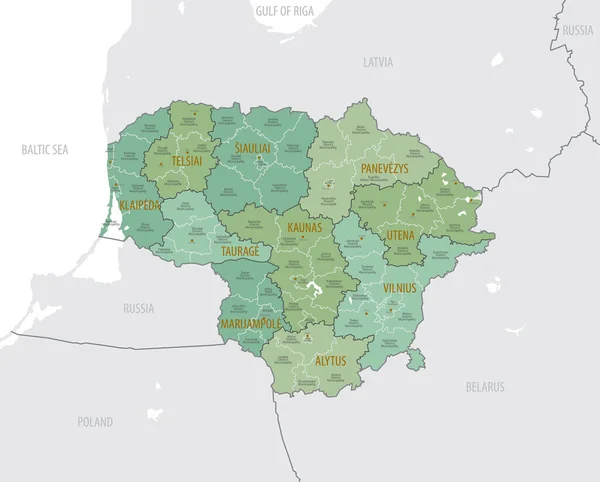 Mapa Detallado Lituania Con Divisiones Administrativas Condados Municipios Principales Ciudades — Archivo Imágenes Vectoriales