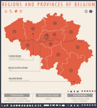 Bölgeler ve illere idari bölümleri olan Belçika 'nın bilgi grafikleri haritası
