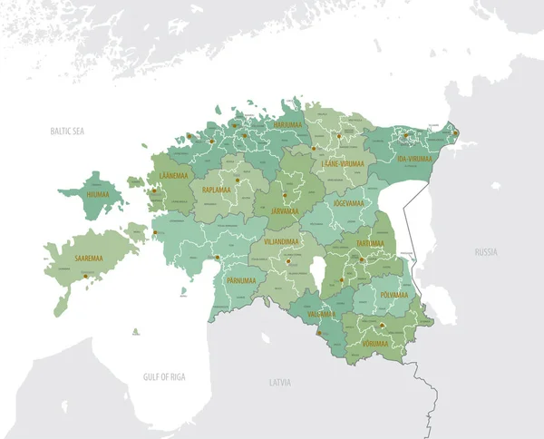 Mapa Detallado Estonia Con Divisiones Administrativas Condados Parroquias Municipios Principales — Archivo Imágenes Vectoriales