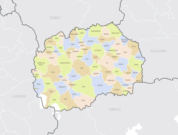 Докладна Мапа Північної Македонії Адміністративними Поділами Кордонами Сусідніх Країн Європи — стоковий вектор