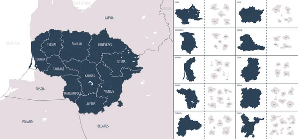 Carte Vectorielle Couleur Détaillée Lituanie Avec Les Divisions Administratives Pays — Image vectorielle