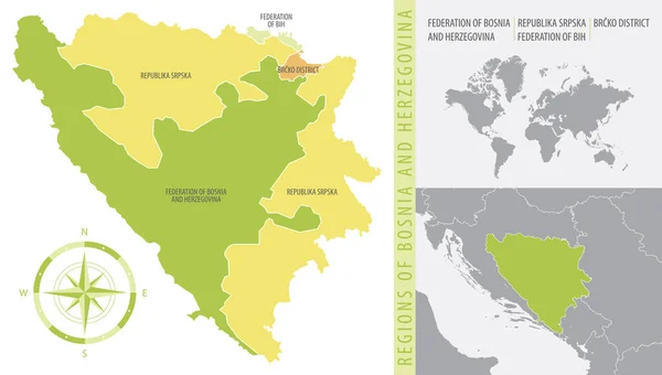 Mappa Dettagliata Della Bosnia Erzegovina Con Divisioni Amministrative Del Paese — Vettoriale Stock