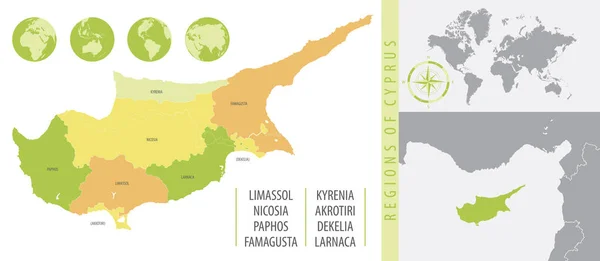 附有国家行政区划的塞浦路斯详细地图 彩色矢量图解 — 图库矢量图片