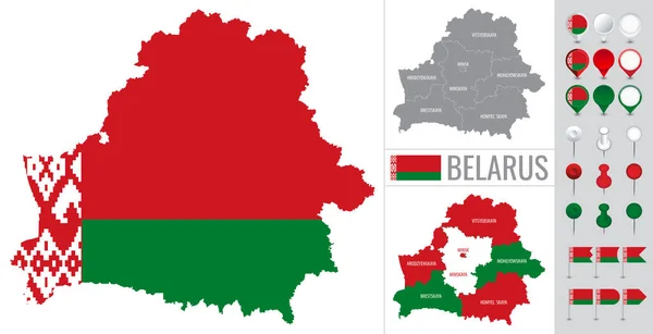 Bielorrusia Mapa Vectorial Con Bandera Globo Iconos Sobre Fondo Blanco — Vector de stock