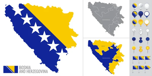 Mapa Vectorial Bosnia Herzegovina Con Bandera Globo Iconos Sobre Fondo — Archivo Imágenes Vectoriales