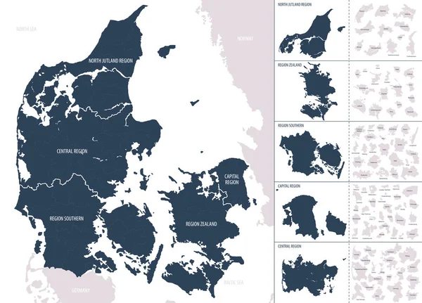 Mapa Detallado Color Vectorial Dinamarca Con Las Divisiones Administrativas Del — Vector de stock