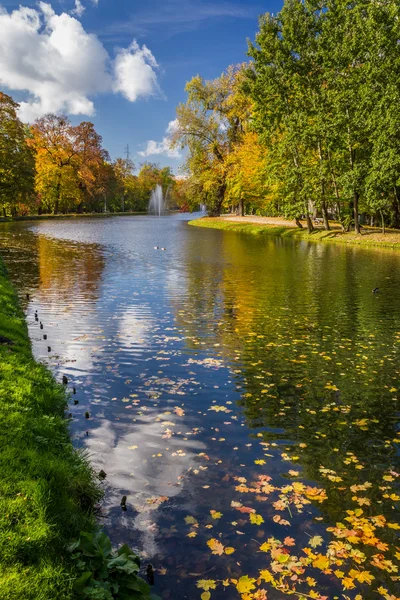 Parque de otoño y cielo azul reflejándose en el río — Foto de Stock