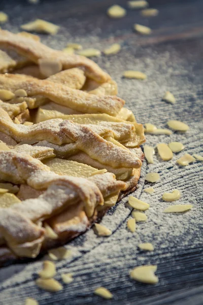 Nahaufnahme auf Apfelkuchen mit Mandeln und Puderzucker — Stockfoto
