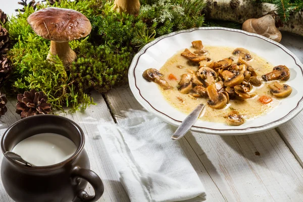 Pilzsuppe und Moos auf einem alten Tisch — Stockfoto