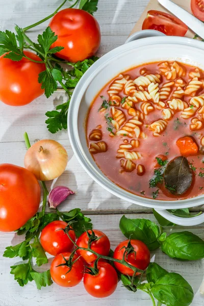 Tomatensuppe mit frischen Tomaten zubereitet — Stockfoto