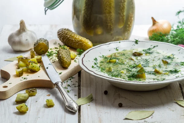 Close-up on soup, pickled cucumbers and fresh vegetables — Stock Photo, Image