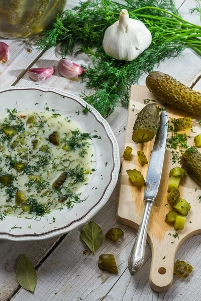 Домашній огірковий суп та інгредієнти — стокове фото