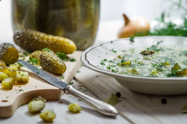Close-up of cucumber soup and freshly sliced gherkins — Stock Image Close-up of cucumber soup and freshly sliced gherkins Stock Image