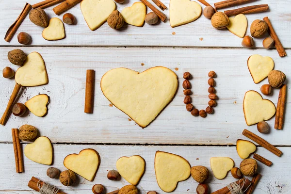 "i love you "Satz mit Keksen und Nüssen arrangiert nein. 9 — Stockfoto