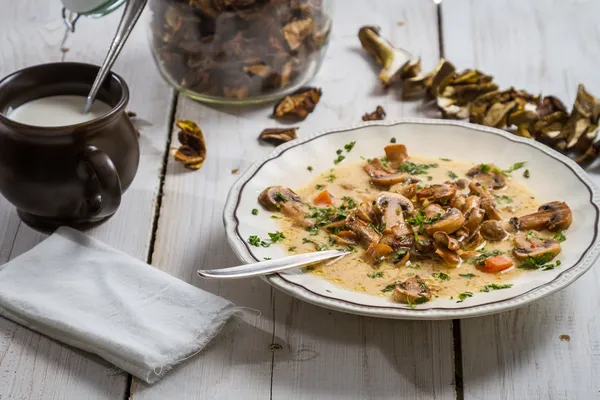 Closeup of mushroom soup served in a country house style — Stock Image Closeup of mushroom soup served in a country house style Royalty Free Stock Photos