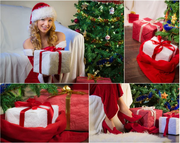 Postkarte zu Weihnachten mit Weihnachtsbaum und Geschenken nein. 4 — Stockfoto