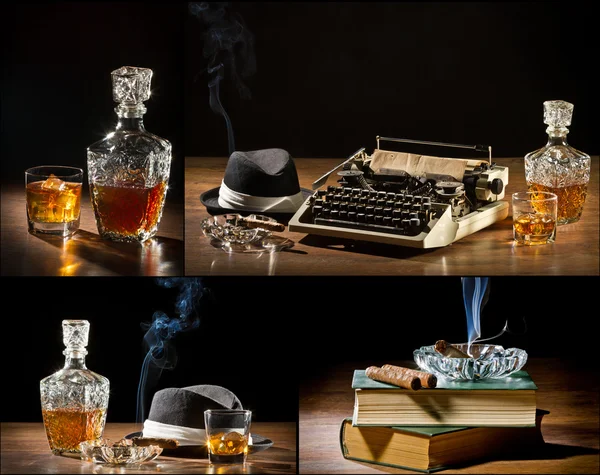 Collage de retro-Styled vieja máquina de escribir, cigarro, sombrero y whisky no —  Fotos de Stock