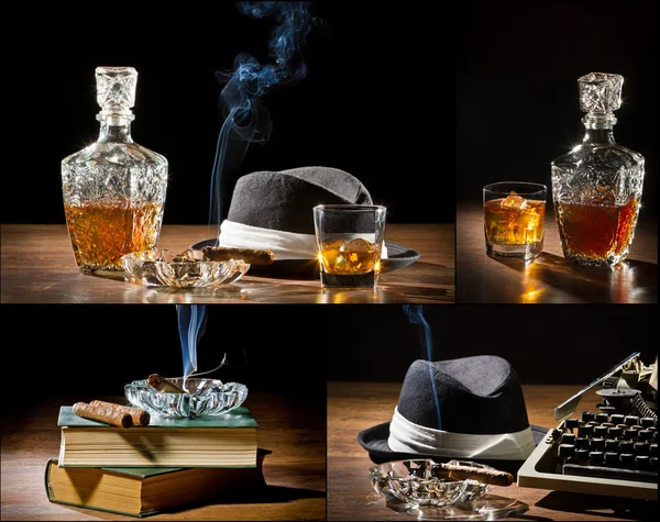 Collage of retro-Styled old typewriter, cigar, hat and whisky no — Stock Photo, Image