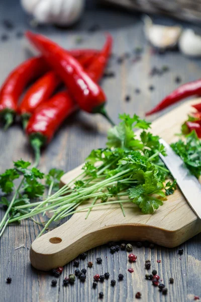 Preparazione di piatti a base di spezie fresche ed erbe aromatiche — Foto Stock