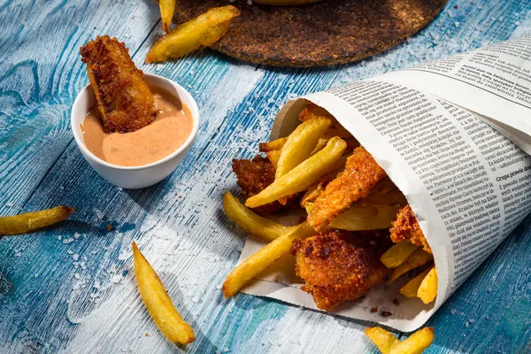 Nahaufnahme von hausgemachten Fish & Chips in der Zeitung — Stockfoto