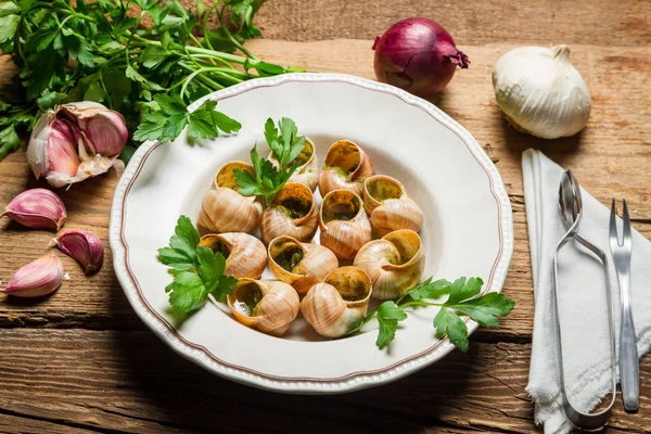 Homemade baked snails with garlic butter — Stock Photo, Image