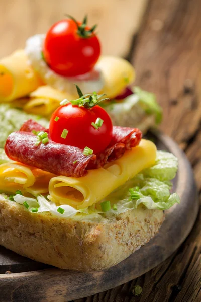 Closeup of sandwich with salami, tomato, chive and lettuce — Stock Photo, Image