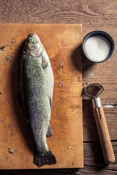 Schälen der Schalen von frischem Fisch — Stockfoto