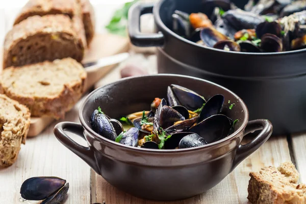 Mussels served in a sunny day with homemade bread — Stock Photo, Image