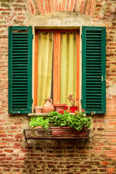 Ventana en una casa antigua decorada con macetas y flores —  Fotos de Stock