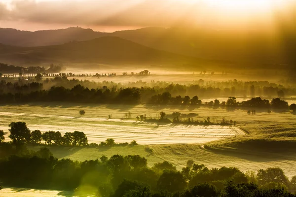 Niebla y sol en una cálida mañana en Toscana — Foto de Stock