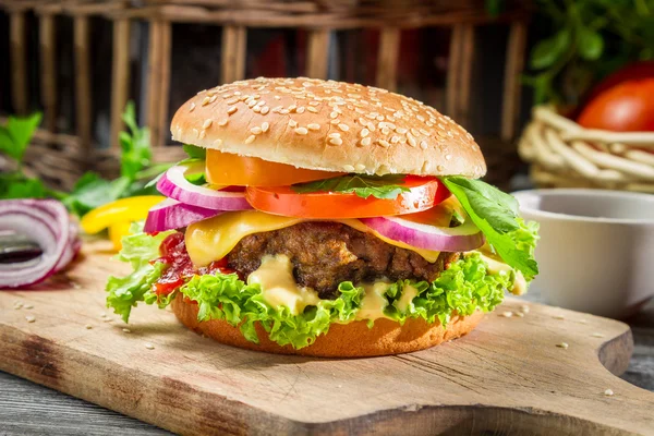 Closeup of burger made from vegetables and beaf — Stock Photo, Image