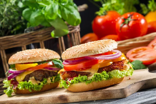 Nahaufnahme von zwei hausgemachten Hamburgern aus frischem Gemüse — Stockfoto