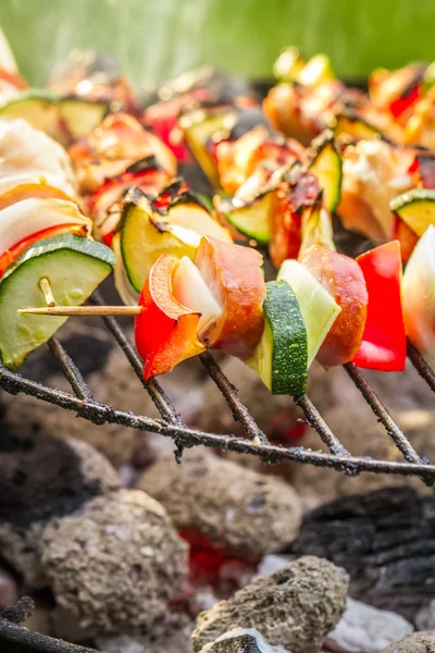 Hot skewers with vegetables on the grill — Stock Photo, Image