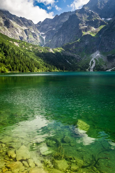 Lago de montaña en el fondo de las montañas rocosas —  Fotos de Stock