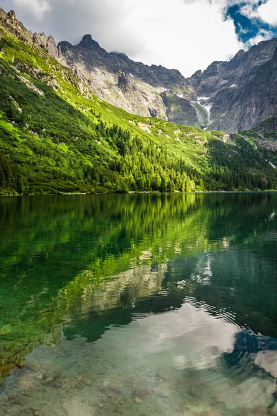 Malé horské jezero s modrou vodou a rocky mountains — Stock fotografie